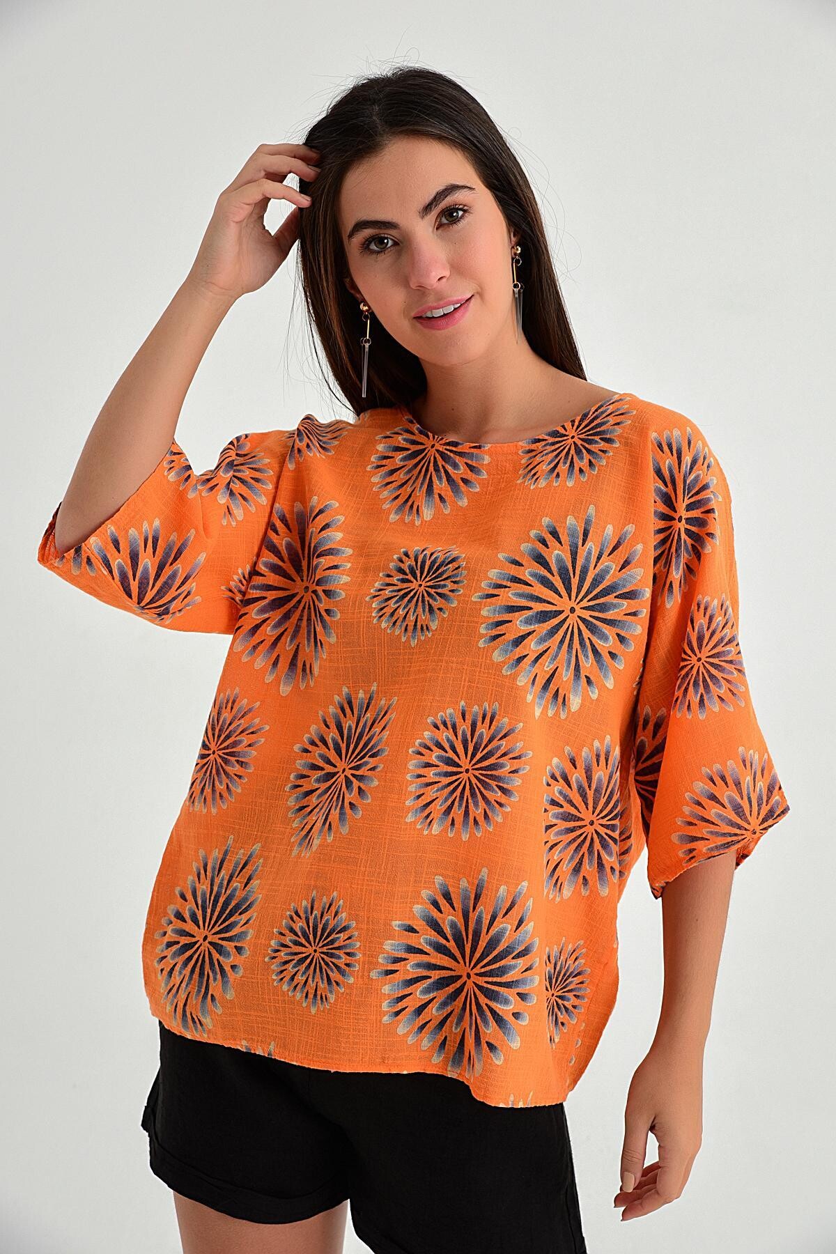 Orange Desenlı Coton Bluz
