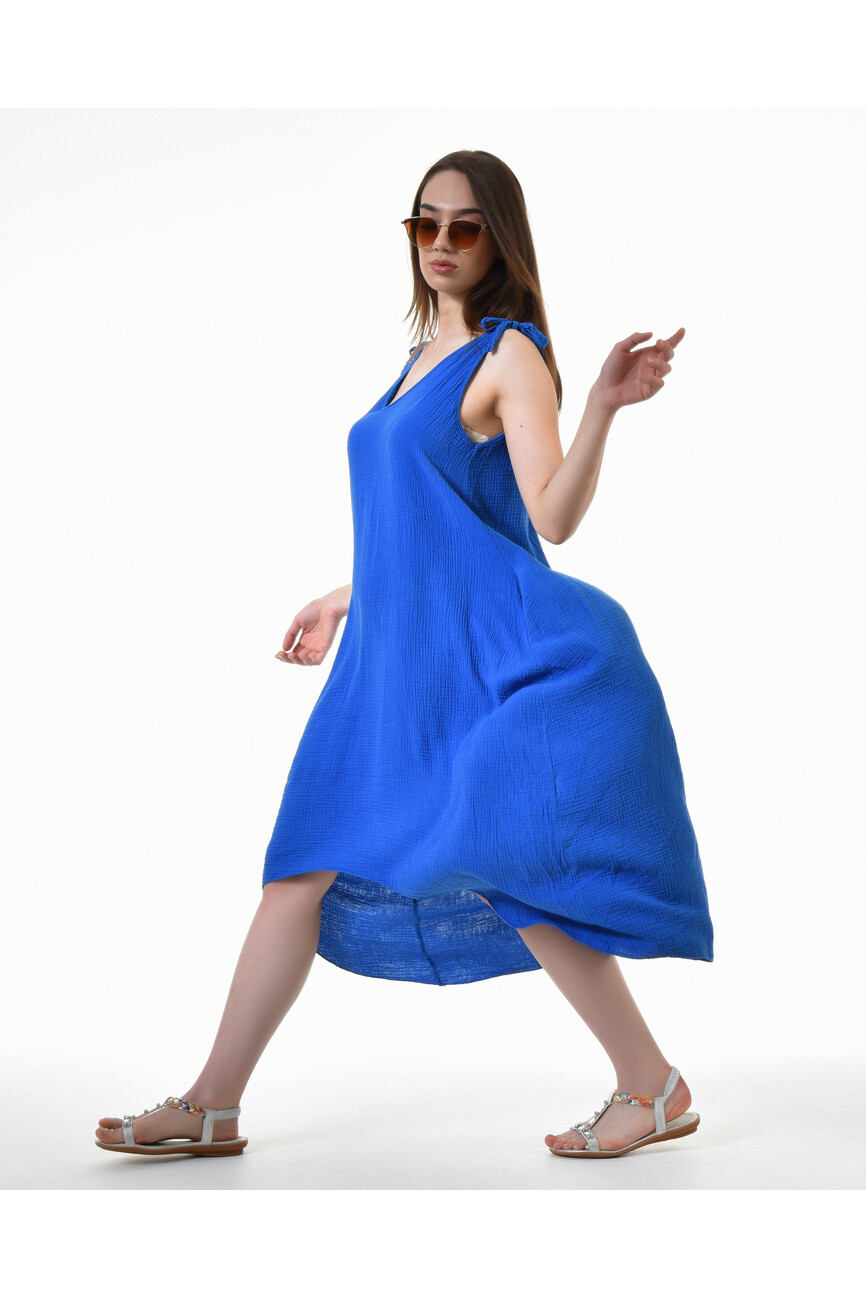 Mavi V Yaka Kolsuz Elbise