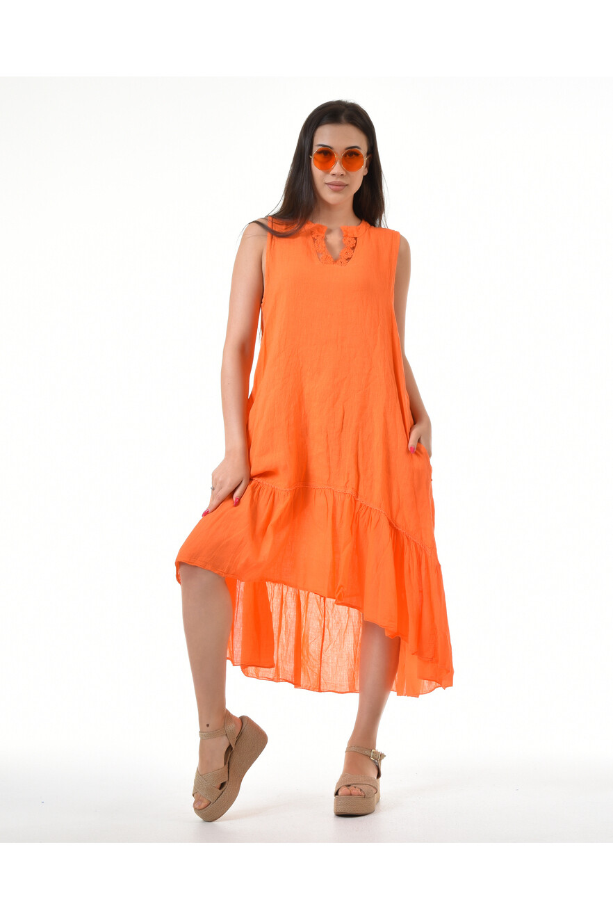 Orange V Yaka Detay Keten elbise
