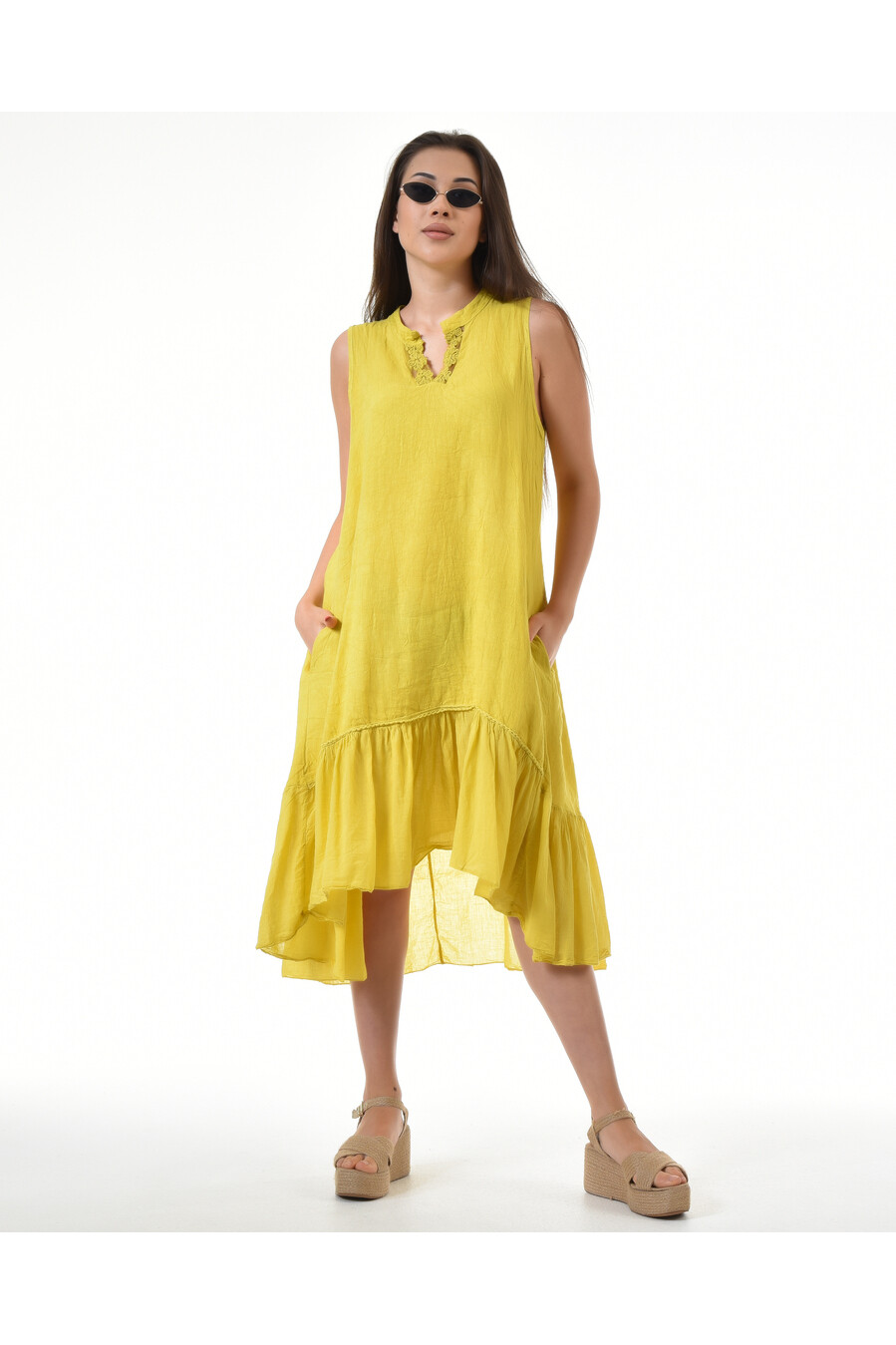Sarı V Yaka Detay Keten Elbise