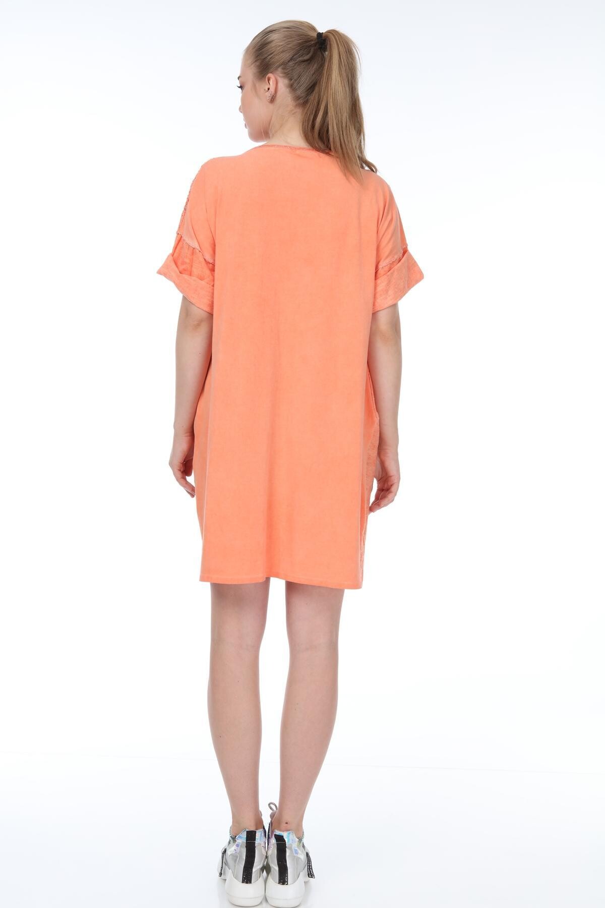 Orange Omzu Payetli Keten Elbise