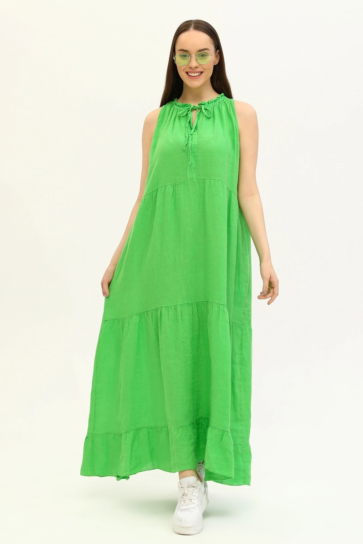 Yeşil Kolsuz Uzun %100 Keten Elbise