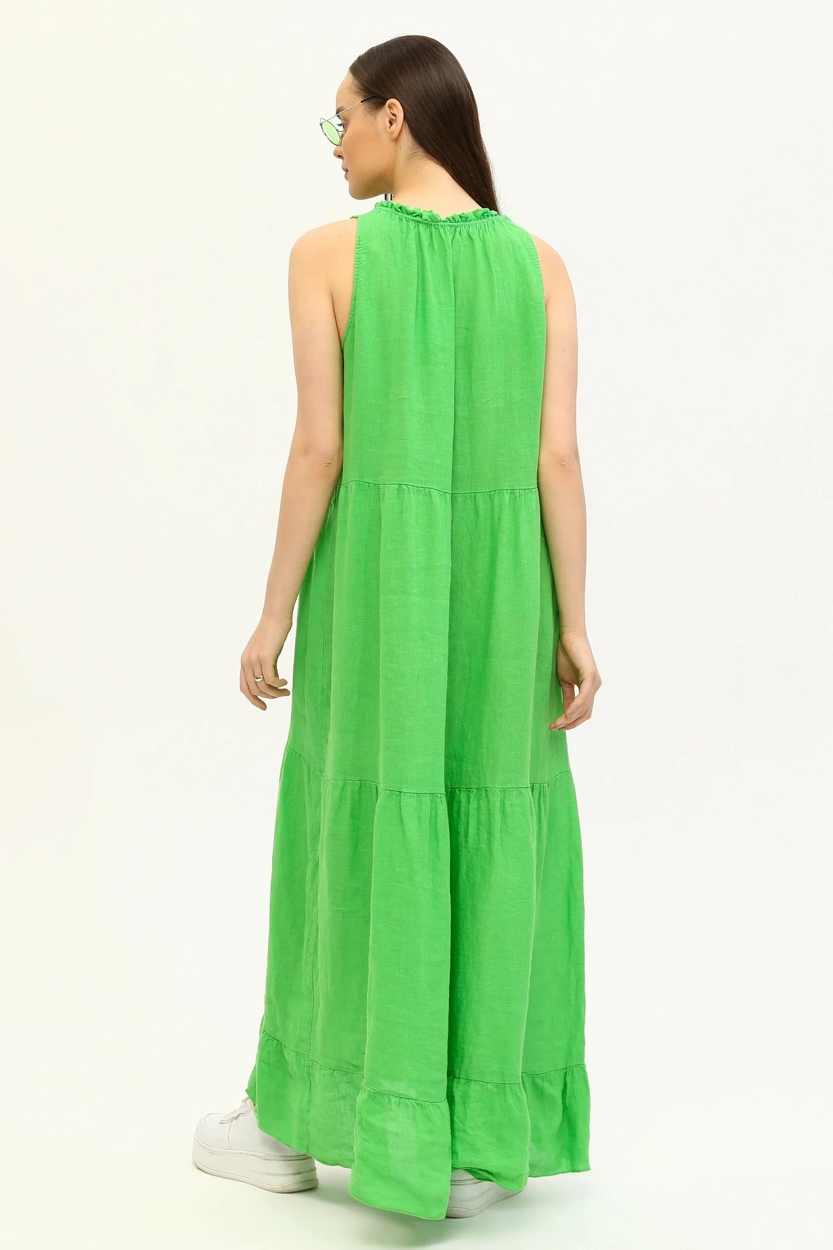 Yeşil Kolsuz Uzun %100 Keten Elbise
